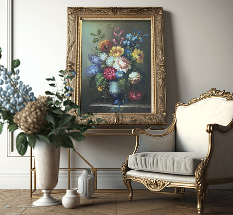 Vintage Floral Hand Painting in Golden Frame Oil on Wood French Art