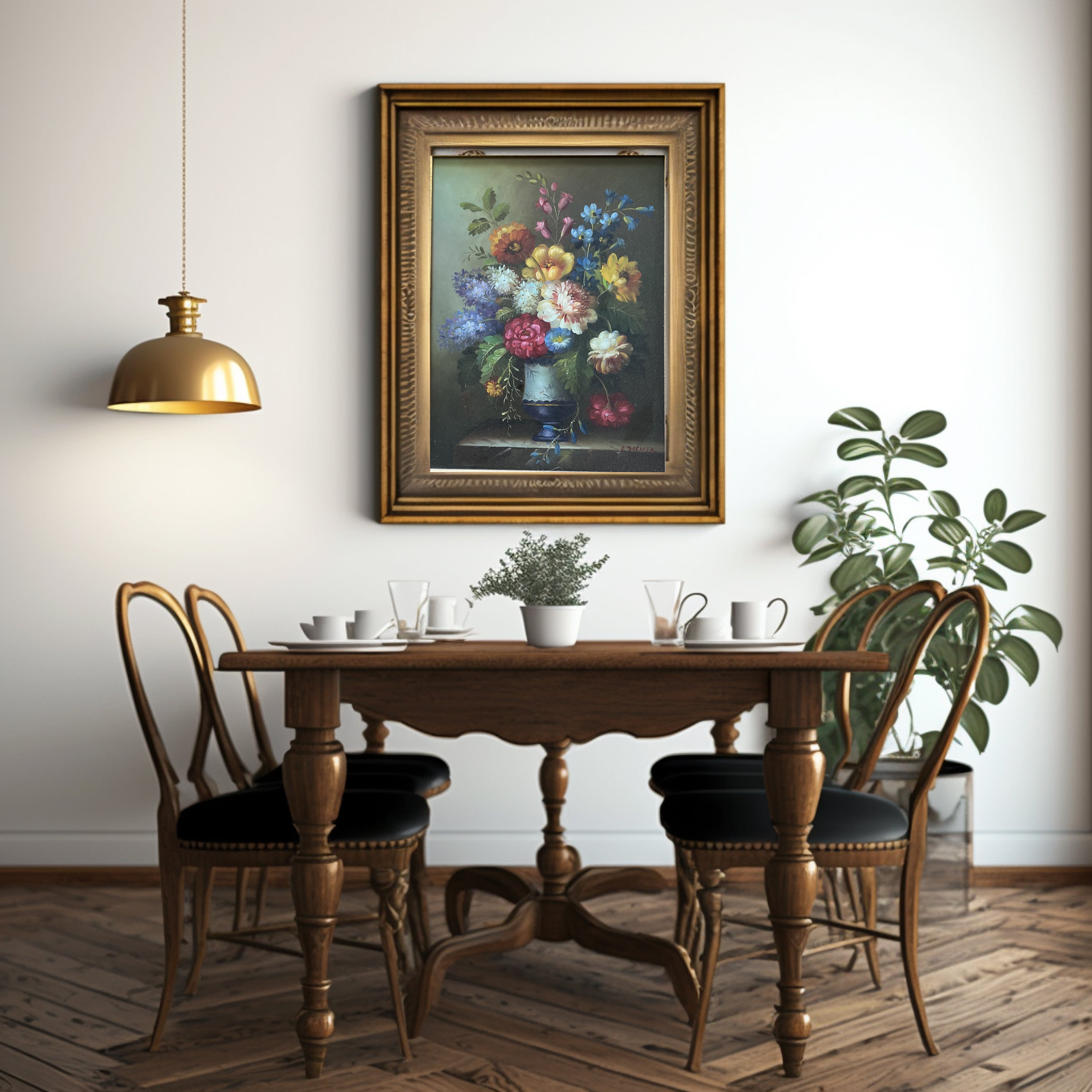 Vintage Floral Hand Painting in Golden Frame Oil on Wood French Art